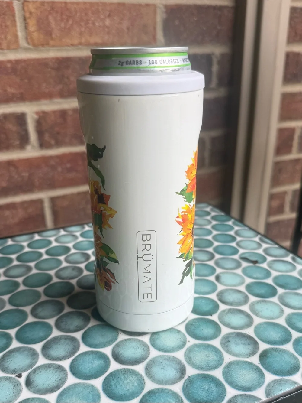 White Sunflower Slim Can Cooler - Insulated Floral Beverage Holder..12 OZ